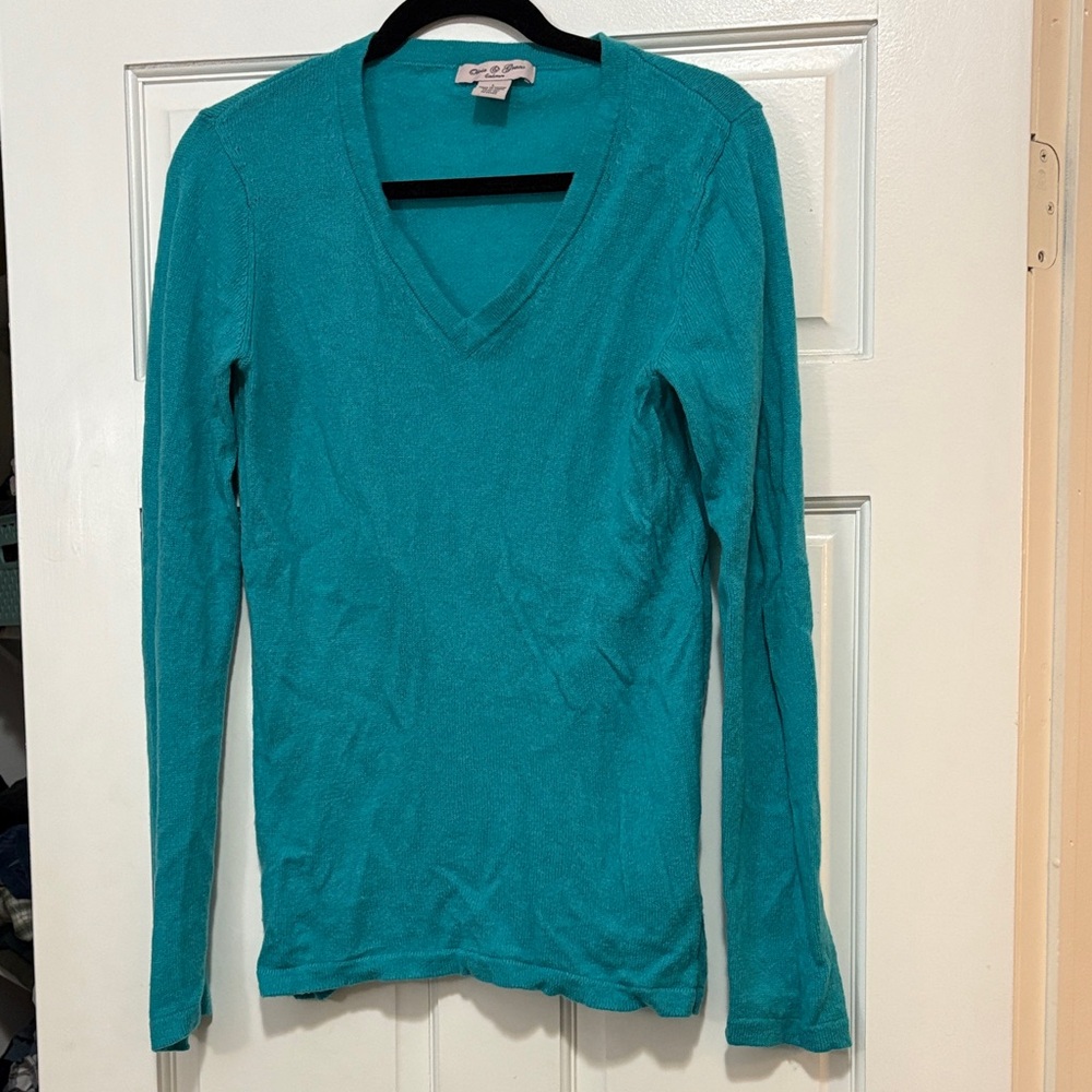 Olivia & Grace Women’s 100% Cashmere V-Neck Sweater – Teal, Size Large